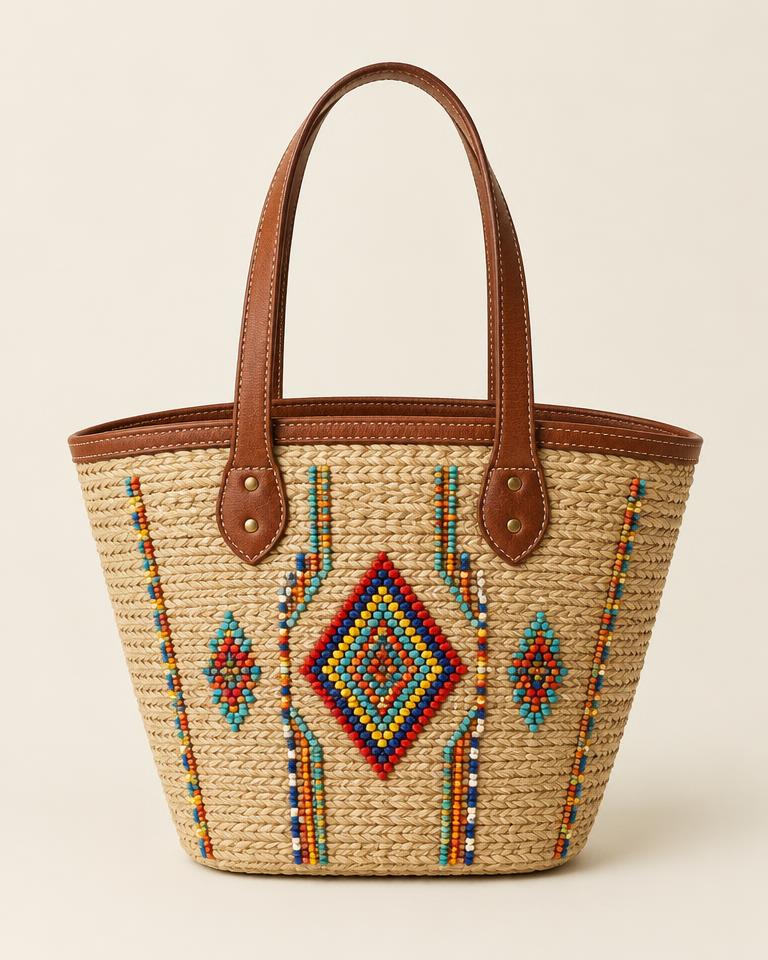 Beaded Straw Tote
